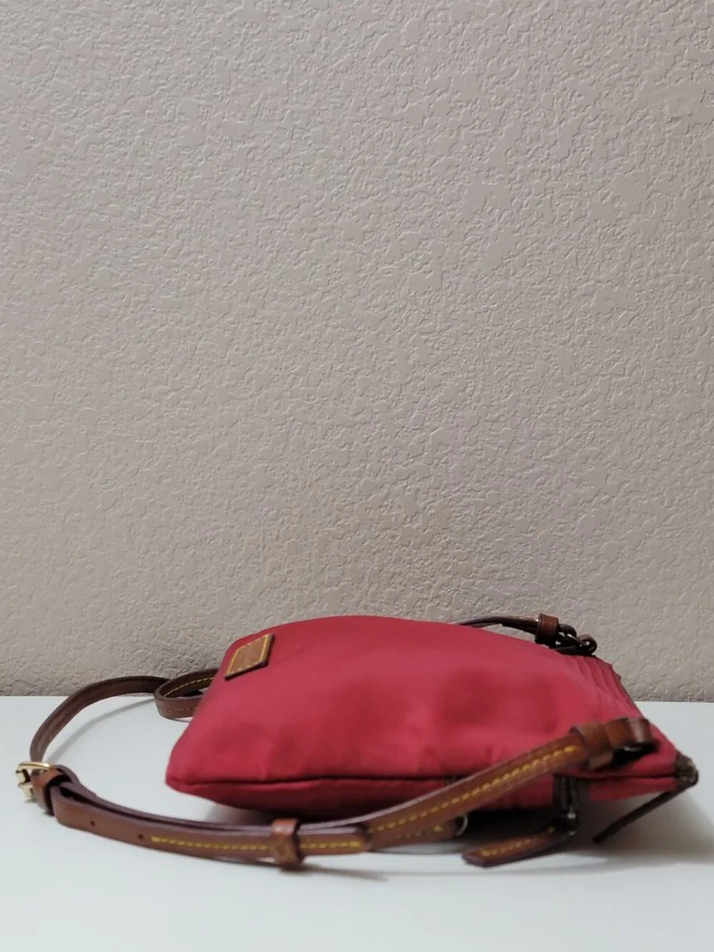 Dooney and Bourke Red Nylon Triple Zip Crossbody Bag Leather Trim Duck Logo